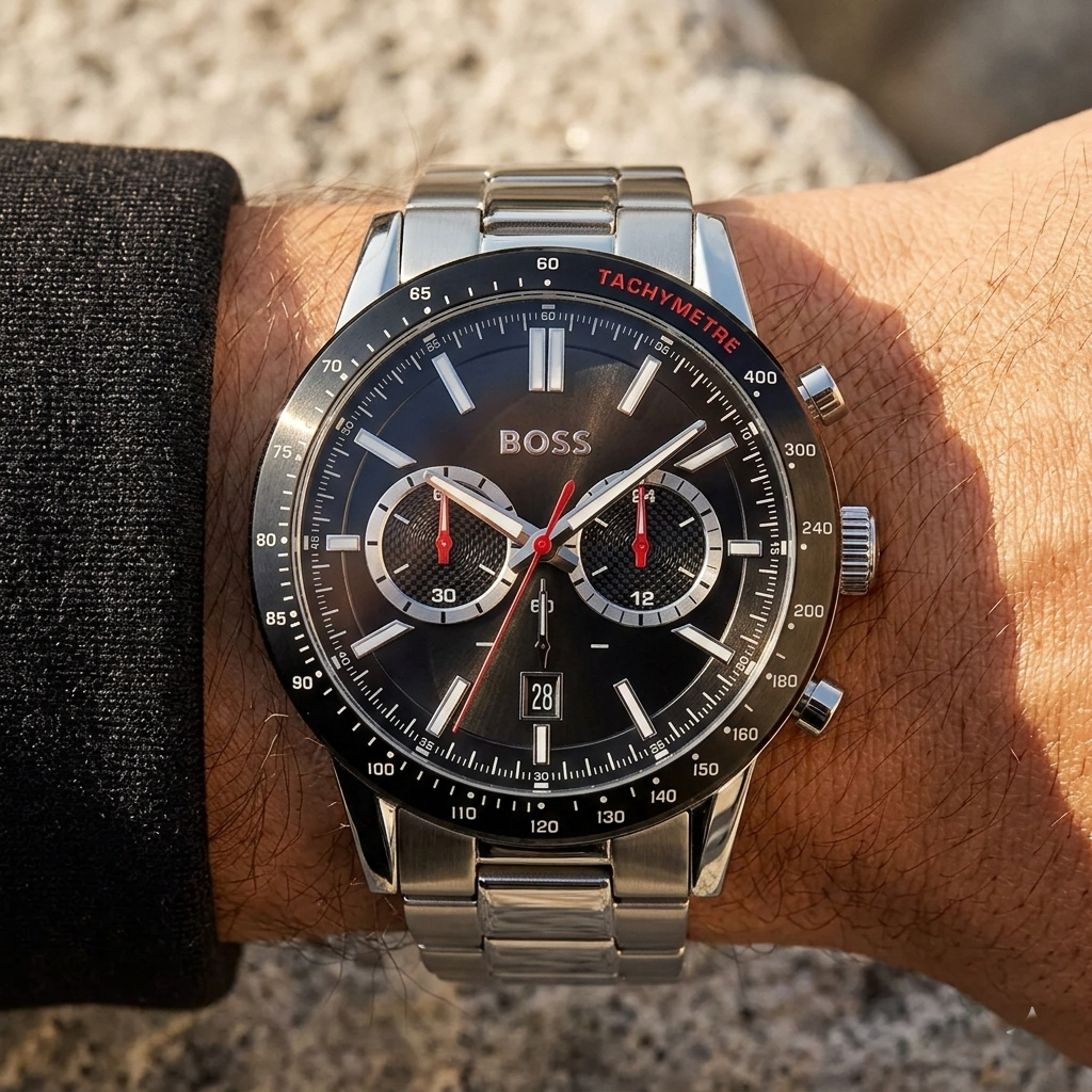 Close up of Hugo Boss Allure 1513922 on wrist showing black dial and silver metal strap with 50m water resistance