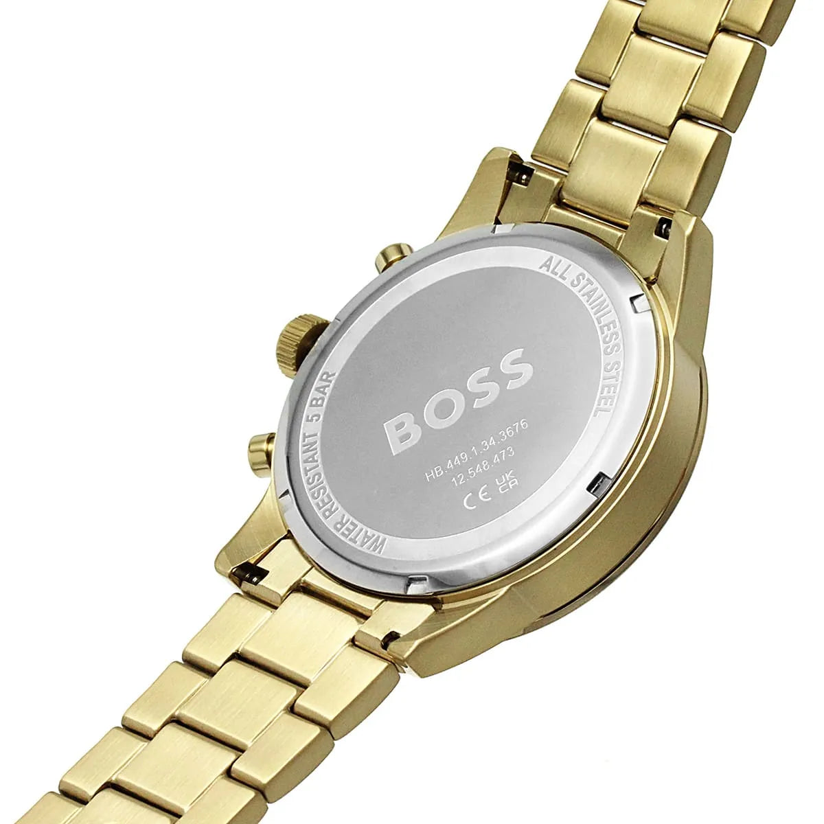 Caseback of Hugo Boss Allure 1513923 showing technical specs green dial and gold metal strap 50m water resistance