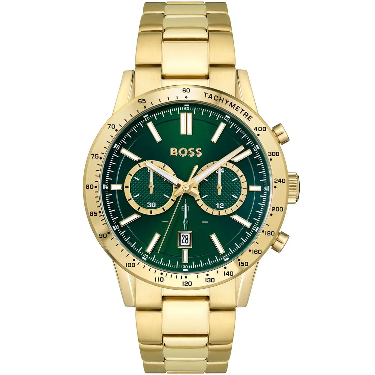 Hugo Boss Allure 1513923 men's watch with green dial, gold metal strap, and 50m water resistance main view