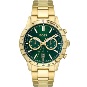 Hugo Boss Allure 1513923 men's watch with green dial, gold metal strap, and 50m water resistance main view