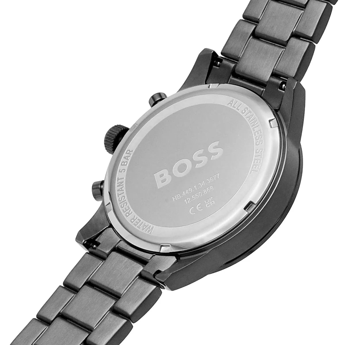 Caseback of Hugo Boss Allure 1513924 showing technical specs gray dial and gray metal strap 50m water resistance