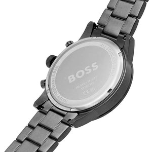 Caseback of Hugo Boss Allure 1513924 showing technical specs gray dial and gray metal strap 50m water resistance