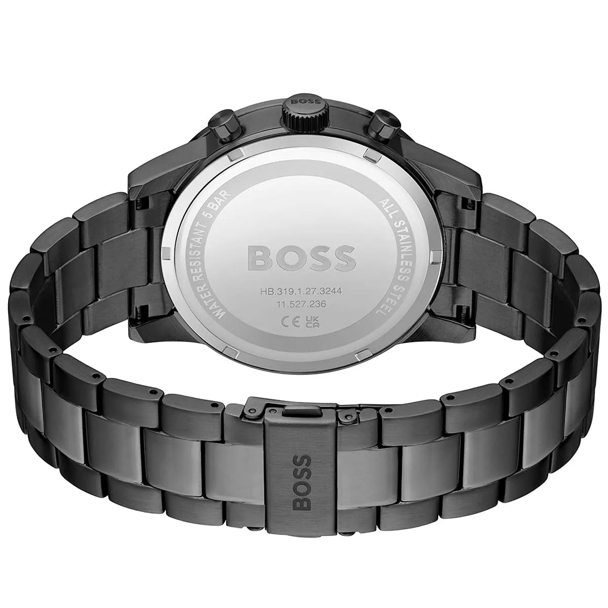 Caseback of Hugo Boss Allure 1513924 showing technical specs gray dial and gray metal strap 50m water resistance