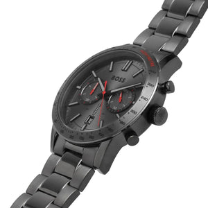 Detailed view of gray crown on Hugo Boss Allure 1513924 with gray dial and gray metal strap 50m water resistant
