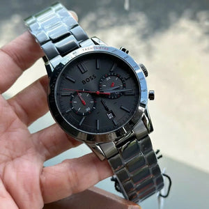 Live photo of Hugo Boss Allure 1513924 showing actual gray dial and gray metal strap colors 50m water resistance