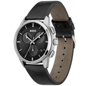 Right angled view of Hugo Boss Dapper 1513925 highlighting black sunray dial and polished silver finish 50m water resistance