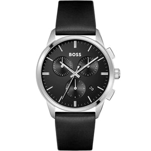 Hugo Boss Dapper 1513925 men's watch with black sunray dial, silver stainless steel case, black leather strap, and 50m water resistance main view
