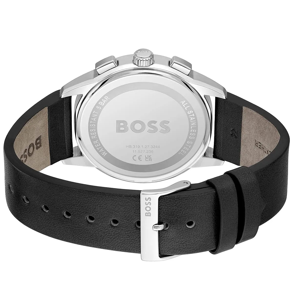 Caseback of Hugo Boss Dapper 1513925 showing technical specs black dial and leather strap 50m water resistance