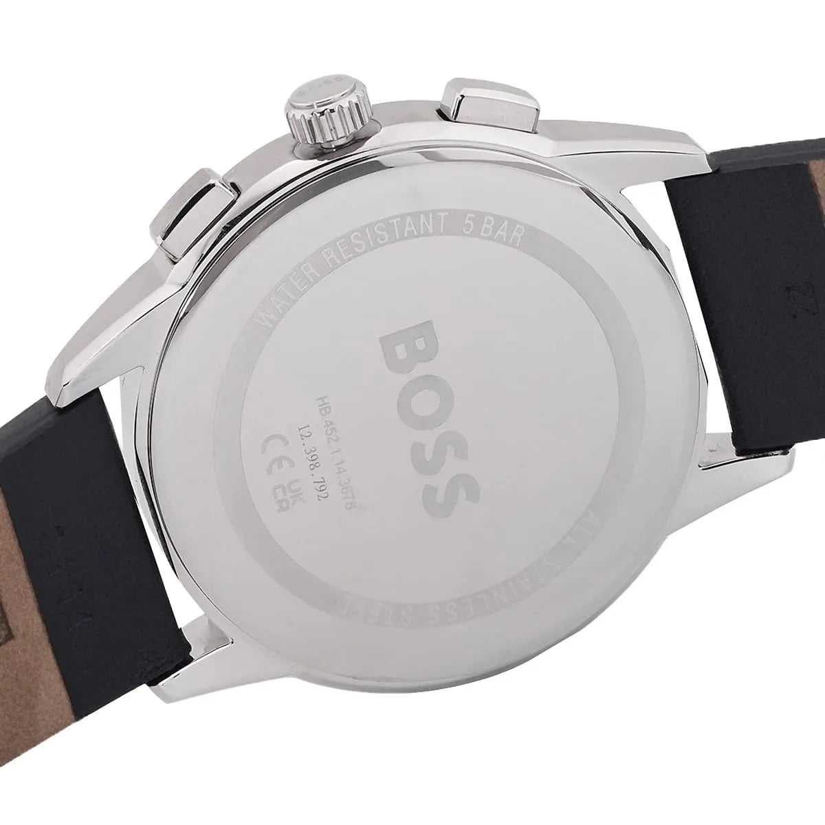 Caseback of Hugo Boss Dapper 1513925 showing technical specs black dial and leather strap 50m water resistance
