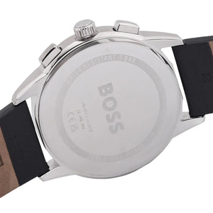 Caseback of Hugo Boss Dapper 1513925 showing technical specs black dial and leather strap 50m water resistance