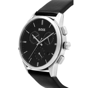 Left angled view of Hugo Boss Dapper 1513925 showing black dial detail and black genuine leather strap water resistant 50m
