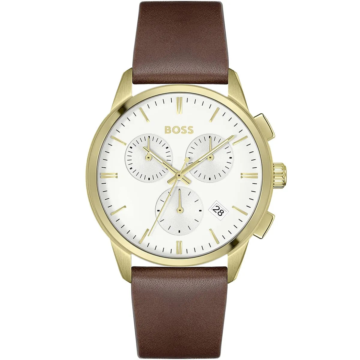 Front view of Hugo Boss Dapper 1513926 men's watch with white dial and brown genuine leather strap.