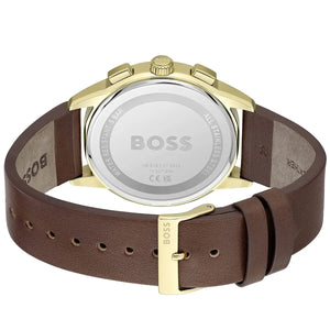 Boss watch with brown leather strap and gold casing on a white background