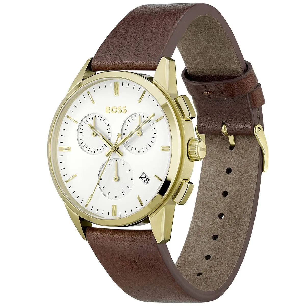 Watch with brown leather strap and gold casing on a white background