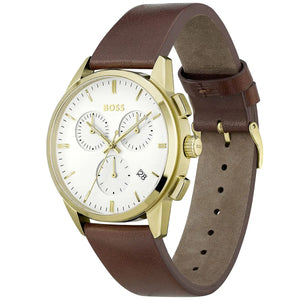 Watch with brown leather strap and gold casing on a white background