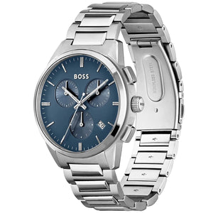 Right angled view of Hugo Boss Dapper 1513927 highlighting blue dial and silver case 50m water resistance