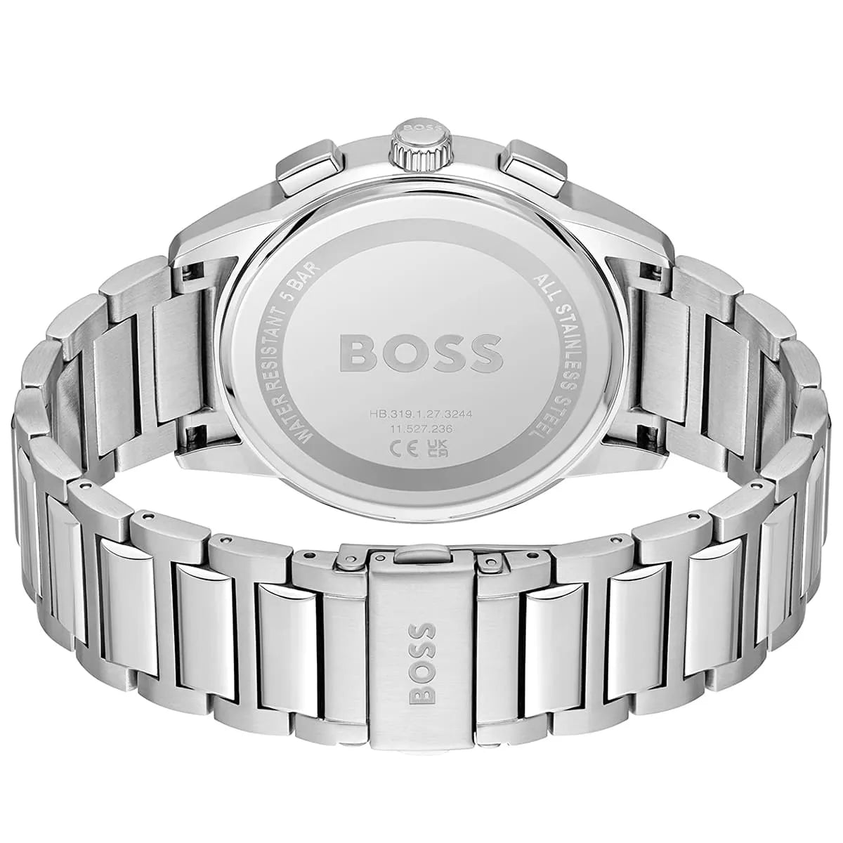 Silver metal deployment clasp on Hugo Boss Dapper 1513927 blue dial watch water resistant 50m