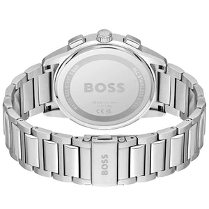 Silver metal deployment clasp on Hugo Boss Dapper 1513927 blue dial watch water resistant 50m