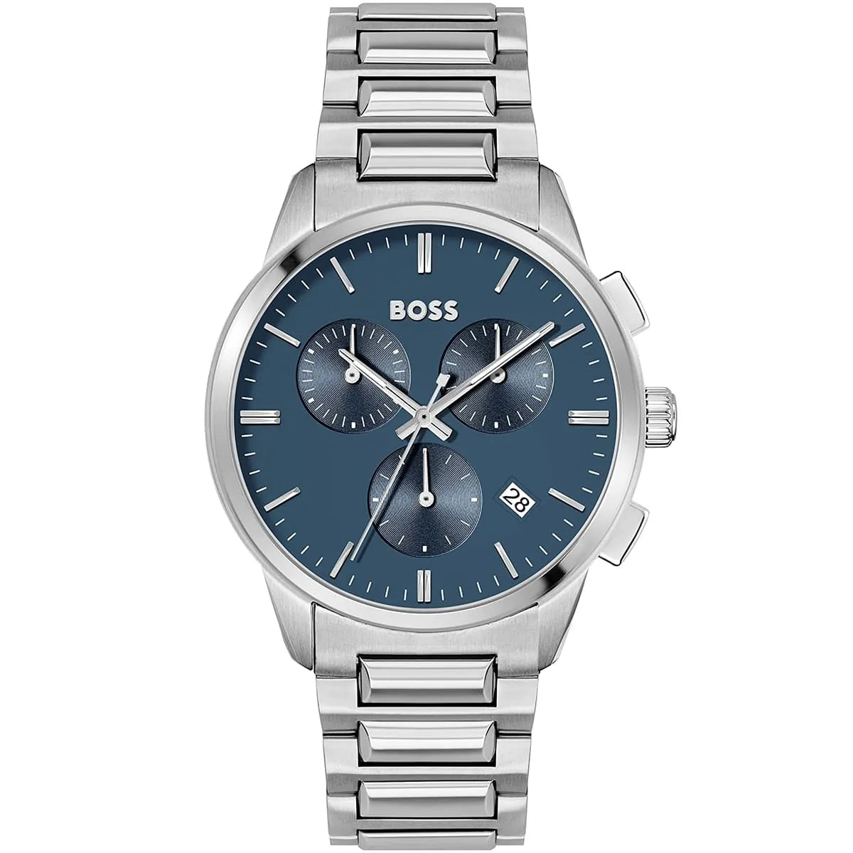 Hugo Boss Dapper 1513927 men's watch with blue sunray dial, silver metal link strap, and 50m water resistance main view