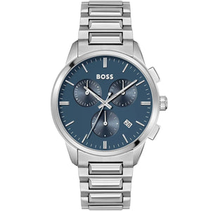 Hugo Boss Dapper 1513927 men's watch with blue sunray dial, silver metal link strap, and 50m water resistance main view