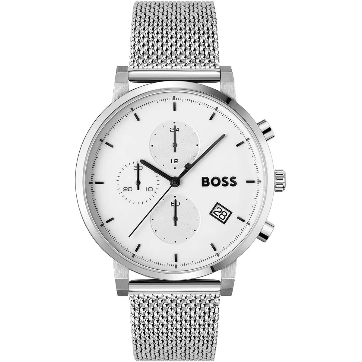 Hugo Boss Skymaster 1513933 men's watch featuring a silver stainless steel case, white dial with chronograph sub-dials, and silver mesh bracelet