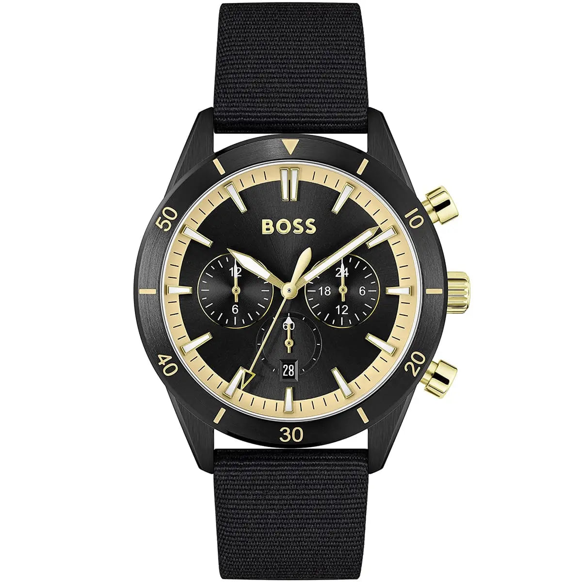 Hugo Boss Santiago 1513935 men's watch with black dial, gold-tone accents, black matte case, black synthetic fiber strap, and 50m water resistance main view