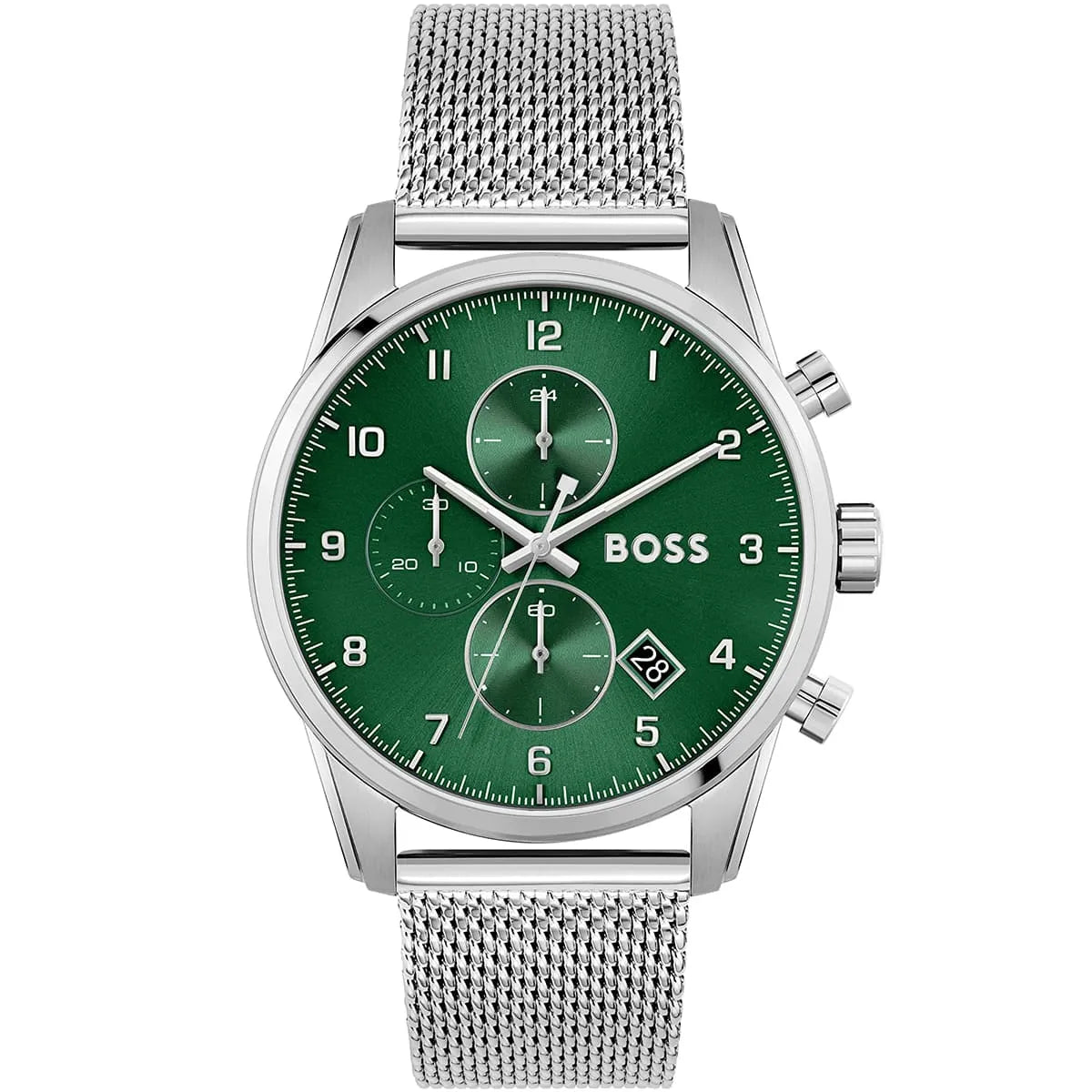 Hugo Boss Skymaster 1513938 men's watch with green dial, silver metal mesh strap, and 50m water resistance main view