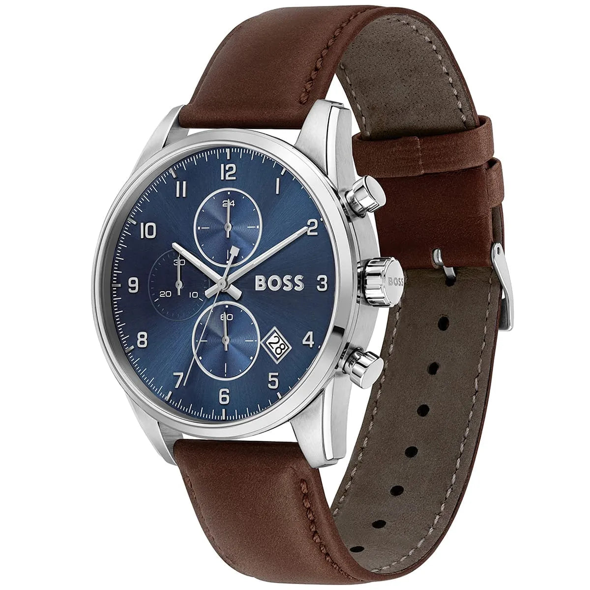 Left angled view of Hugo Boss Skymaster 1513940 showing blue dial detail and brown leather strap water resistant 50m