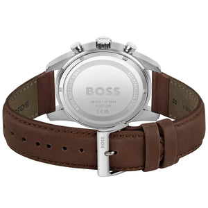 Caseback of Hugo Boss Skymaster 1513940 showing technical specs blue dial and leather strap 50m water resistance