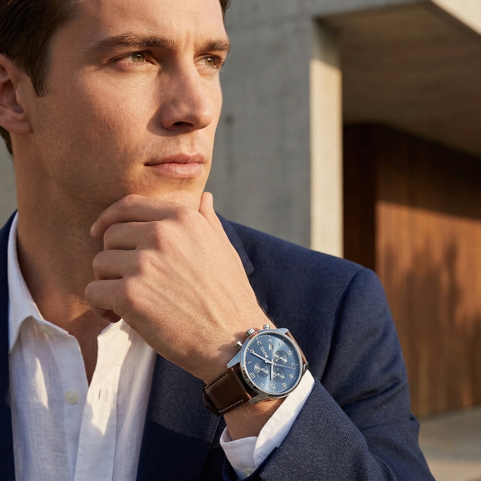 Professional man wearing Hugo Boss Skymaster 1513940 with blue dial and brown leather strap water resistant 50m