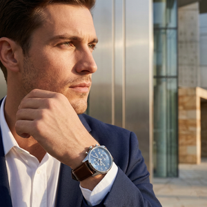 Professional man wearing Hugo Boss Skymaster 1513940 with blue dial and silver case leather strap water resistant 50m