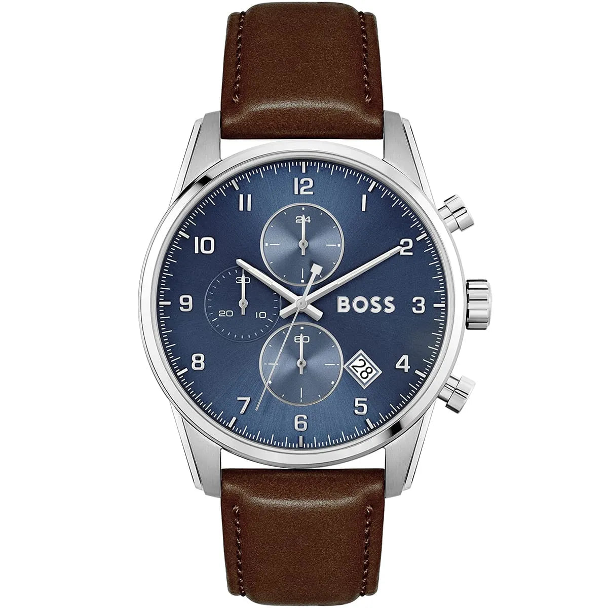 Hugo Boss Skymaster 1513940 men's watch with blue dial, brown leather strap, and 50m water resistance main view