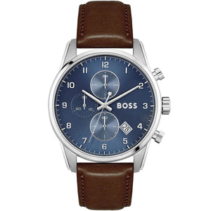 Hugo Boss Skymaster 1513940 men's watch with blue dial, brown leather strap, and 50m water resistance main view