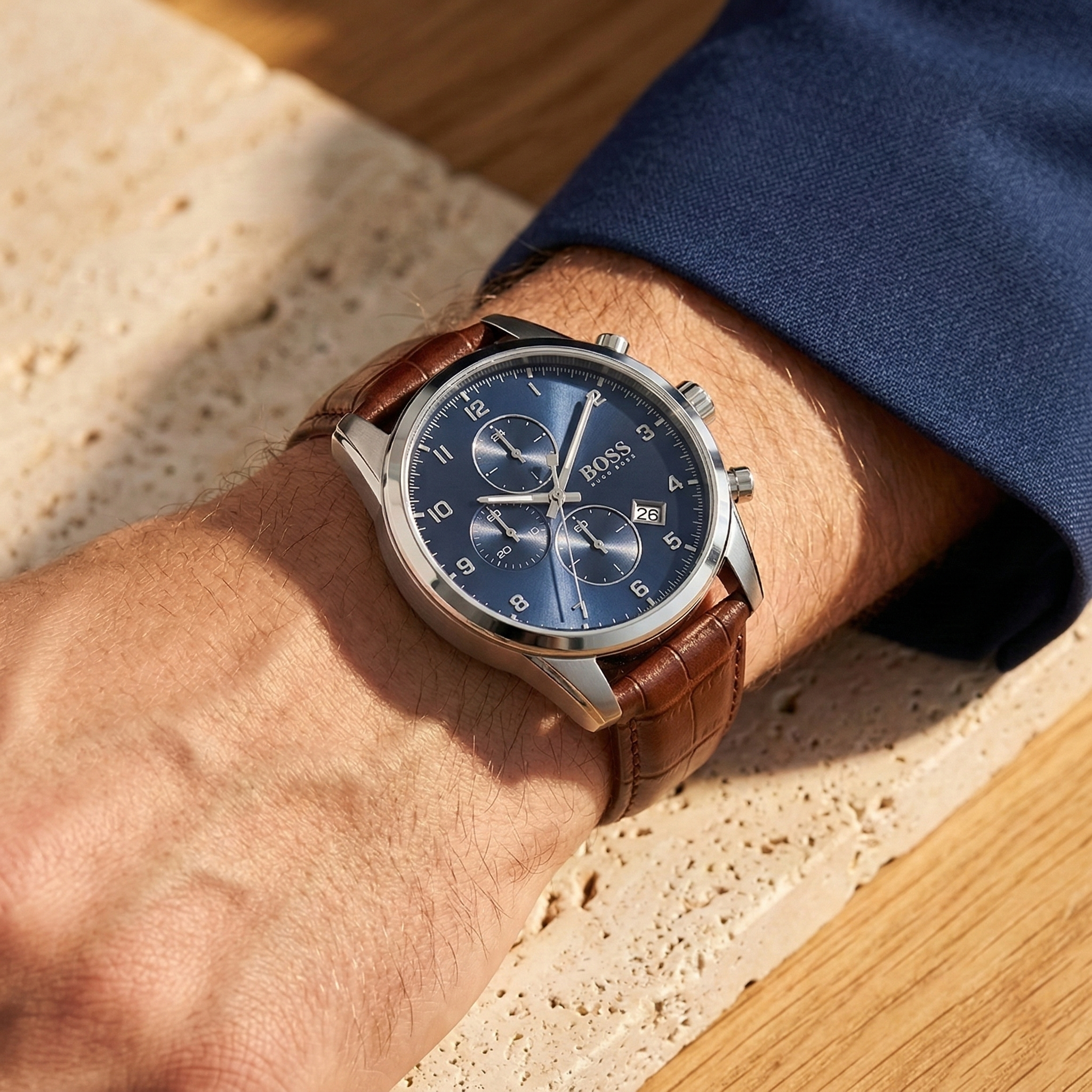 Close up of Hugo Boss Skymaster 1513940 on wrist showing blue dial and brown leather strap with 50m water resistance