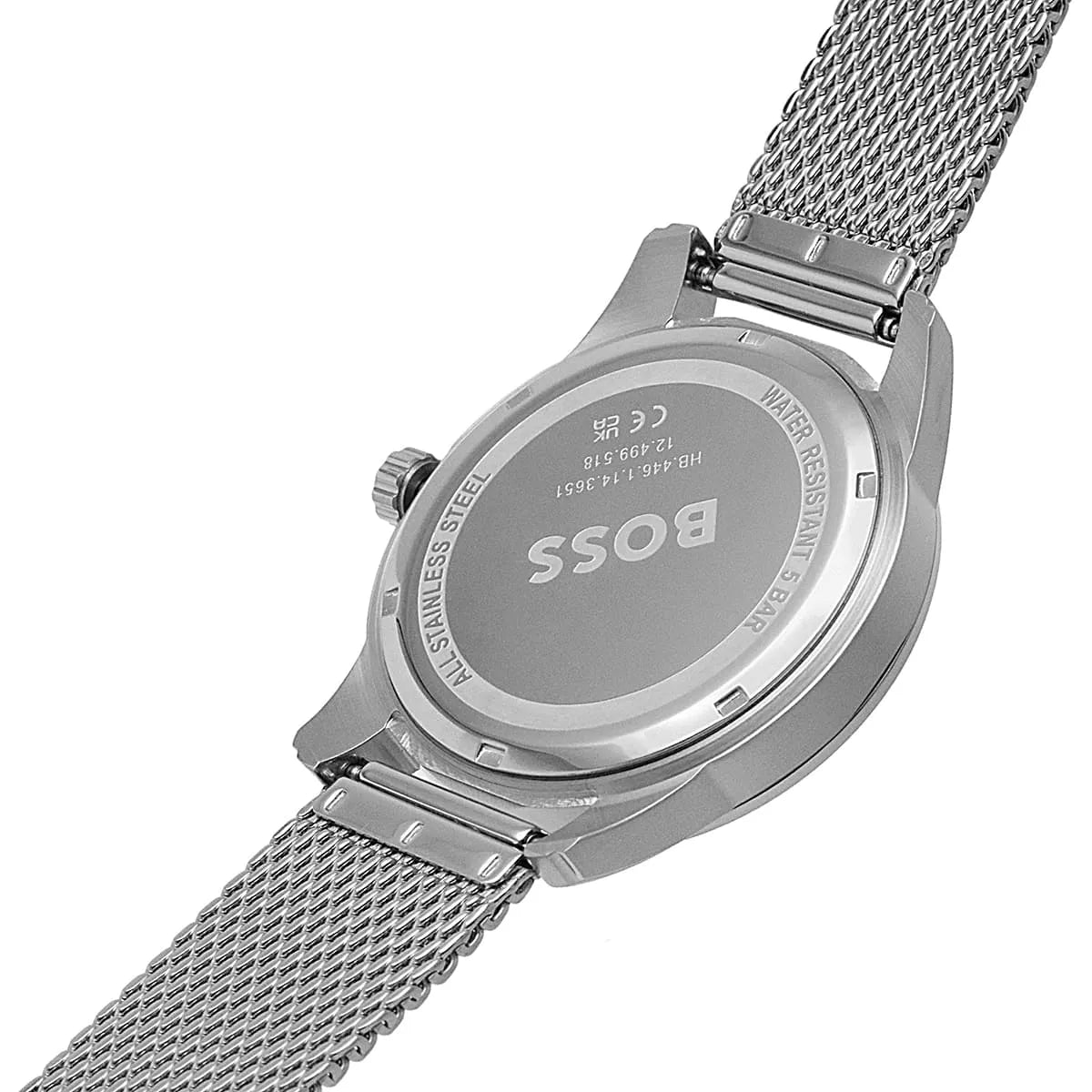 Caseback of Hugo Boss Sophio 1513942 showing technical specs blue dial and silver metal strap 50m water resistance