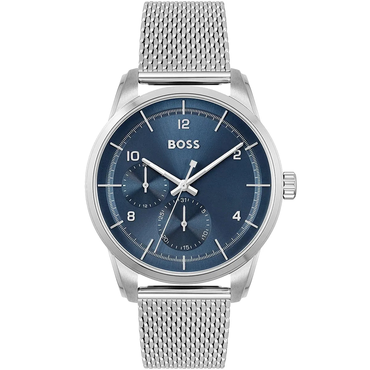 Hugo Boss Sophio 1513942 men's watch with blue dial, silver metal mesh strap, and 50m water resistance main view