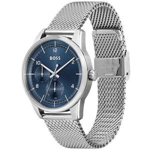 Detailed view of silver crown on Hugo Boss Sophio 1513942 with blue dial and silver metal strap 50m water resistant