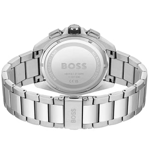 Caseback of Hugo Boss Volane 1513949 showing technical specs black dial and silver metal strap 50m water resistance