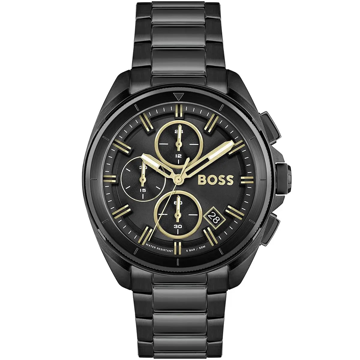 Hugo Boss Volane 1513950 men's watch with black sunray dial, black ion-plated metal link strap, and 50m water resistance main view
