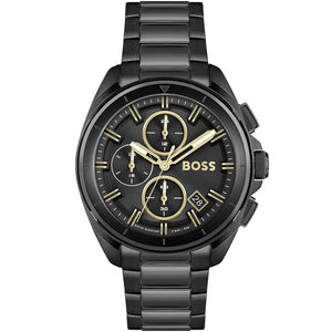 Hugo Boss Volane 1513950 men's watch with black sunray dial, black ion-plated metal link strap, and 50m water resistance main view