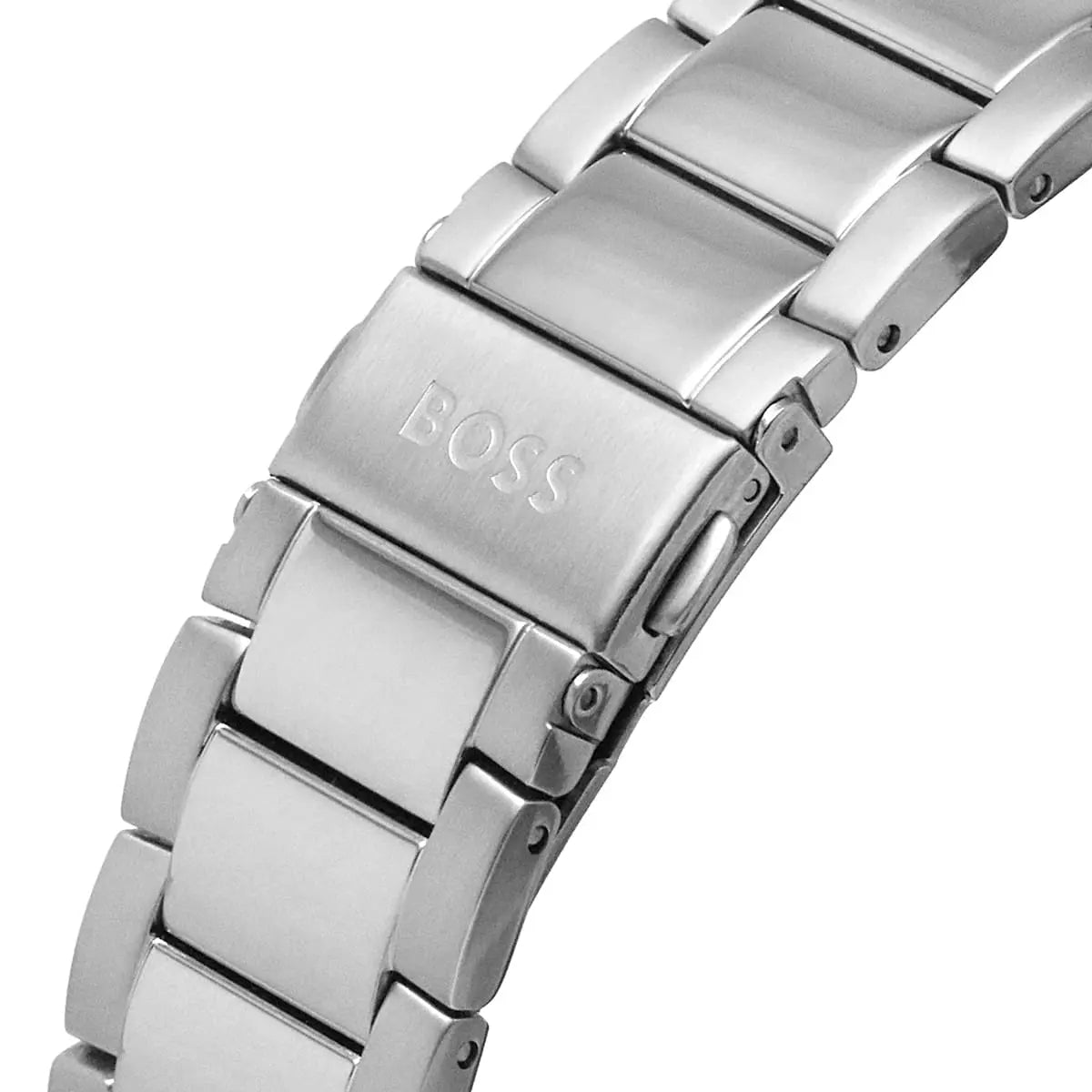 Silver-tone deployment clasp with engraved Boss logo on the bracelet of the 1513951