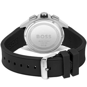 Silver-tone buckle clasp with engraved Boss logo on the black rubber strap of the 1513953