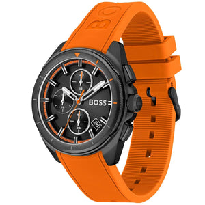 Right angled view of Hugo Boss Volane 1513957 highlighting black dial and orange rubber strap 50m water resistance