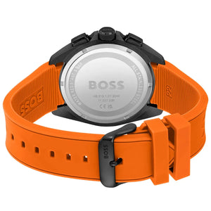 Caseback of Hugo Boss Volane 1513957 showing technical specs black dial and orange rubber strap 50m water resistant