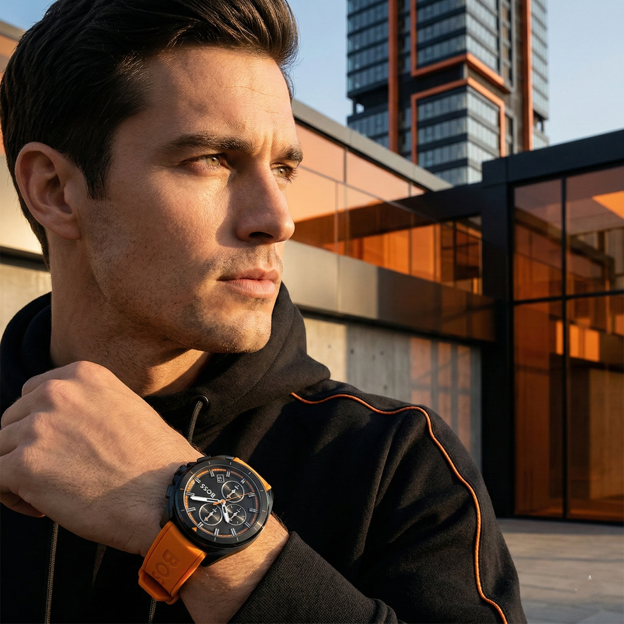 Sporty man wearing Hugo Boss Volane 1513957 with black dial and orange rubber strap water resistant 50m