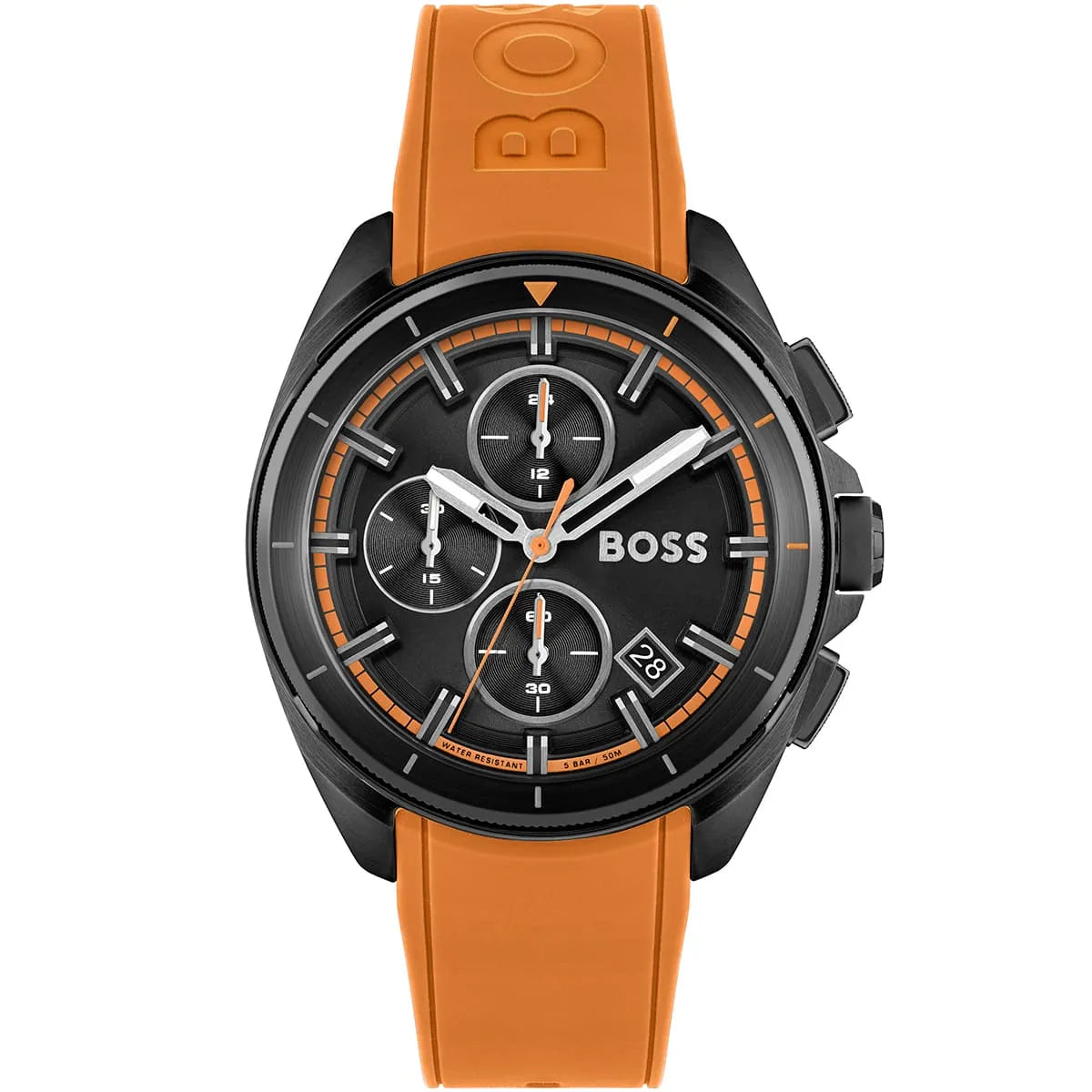 Hugo Boss Volane 1513957 men's watch with black dial, orange rubber strap, and 50m water resistance main view