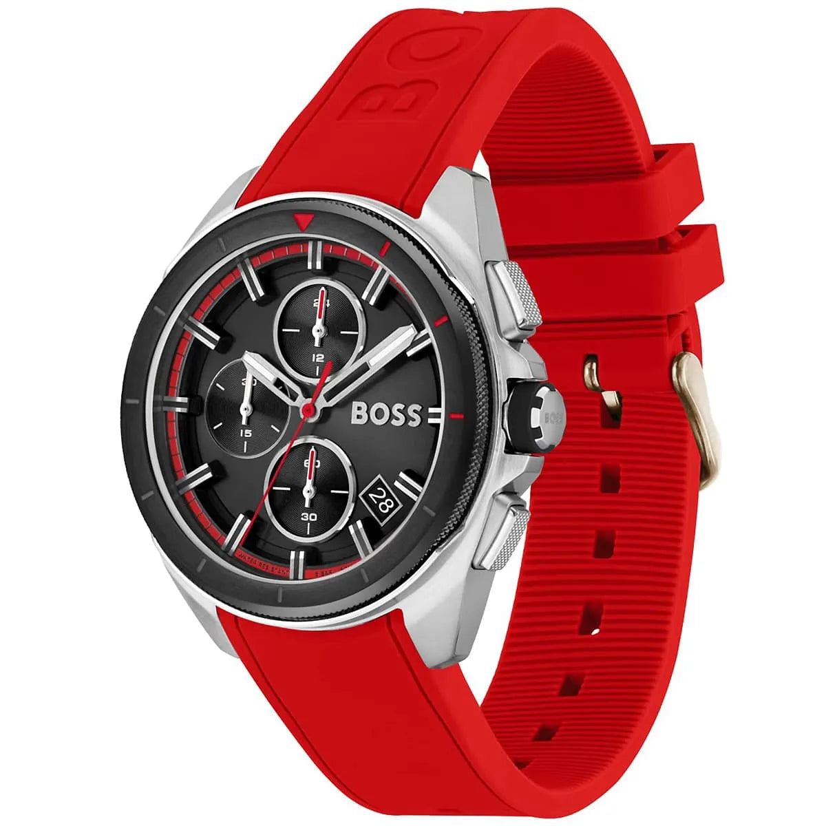 Left angled view of Hugo Boss Volane 1513959 showing black dial detail and red rubber strap water resistant 50m