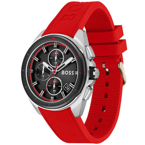 Left angled view of Hugo Boss Volane 1513959 showing black dial detail and red rubber strap water resistant 50m