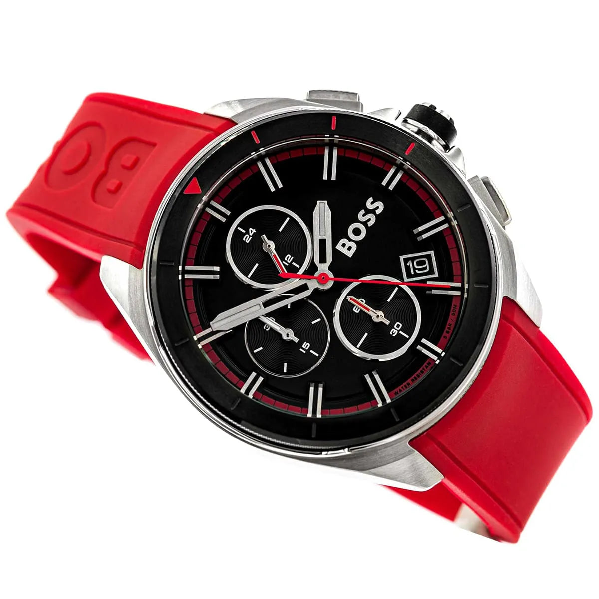 Detailed view of black crown and pushers on Hugo Boss Volane 1513959 with black dial and red rubber strap 50m water resistant