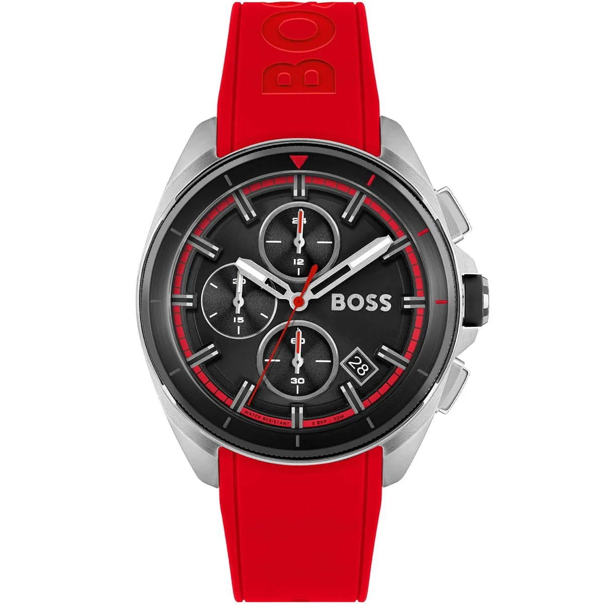 Hugo Boss Volane 1513959 men's watch with black dial, red rubber strap, and 50m water resistance main view
